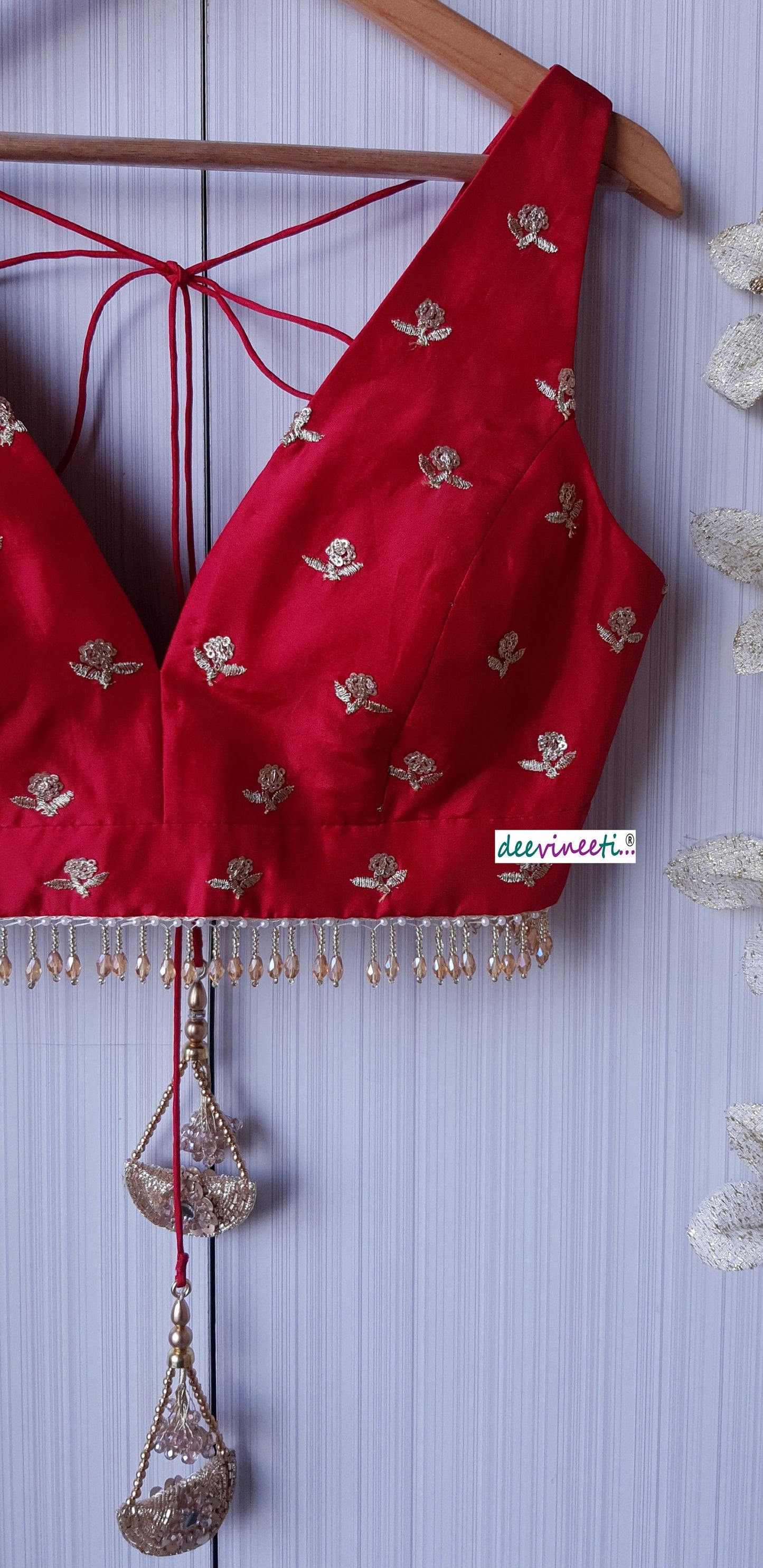 Red Embroidered Upada Silk Deep V Neck Blouse DVBL_170
