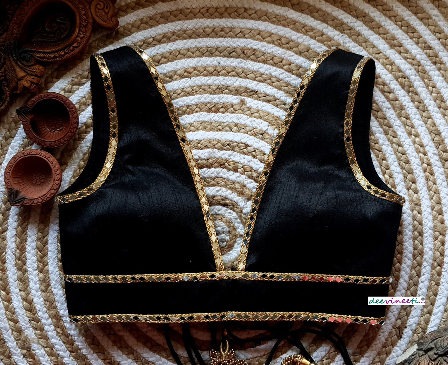Raw Silk Plunge Neck Embellished Blouse  DVBL_099