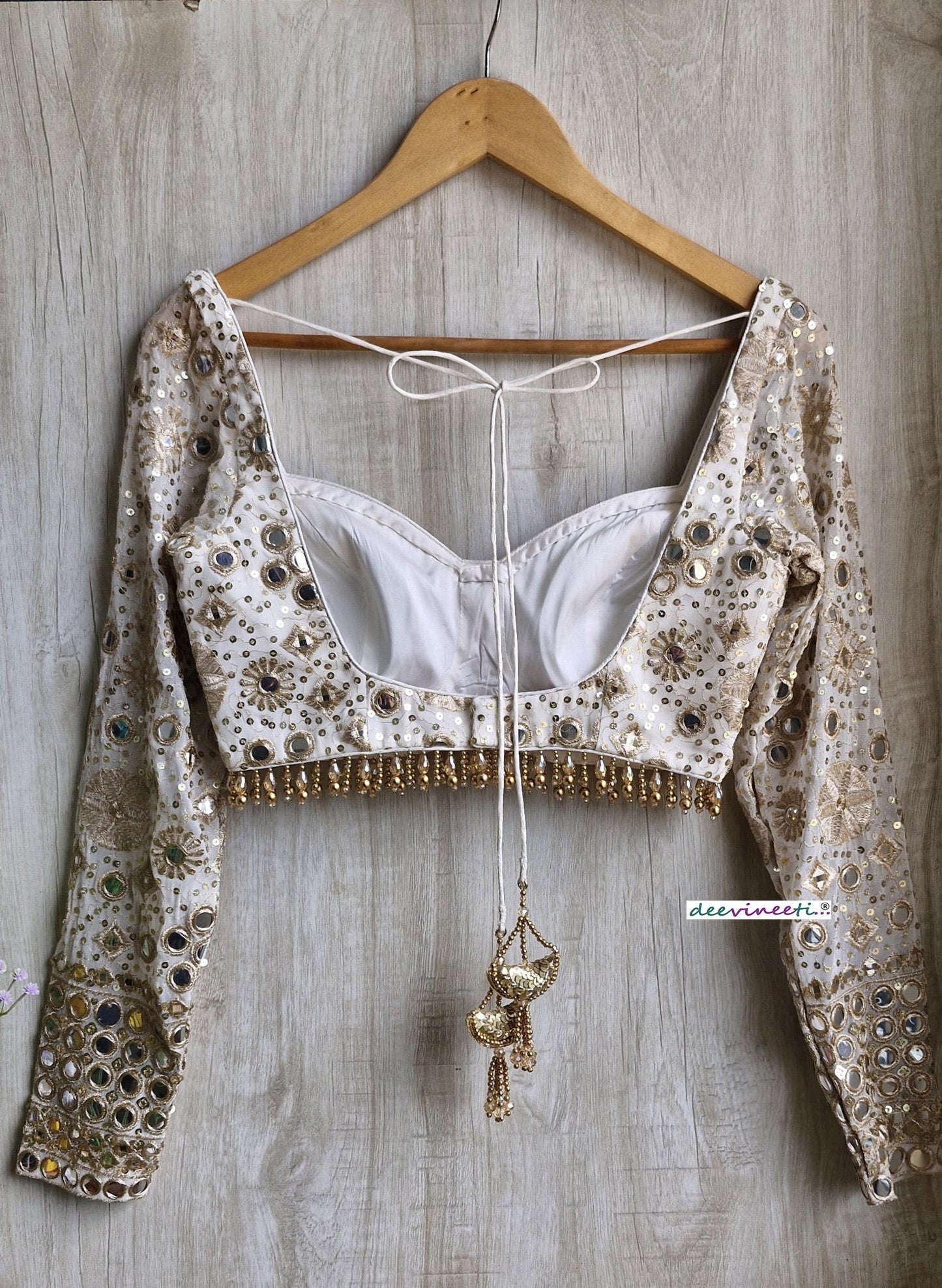 Ivory and Gold Embroidered Sweetheart Neck Long Sleeves Blouse DVBL_373