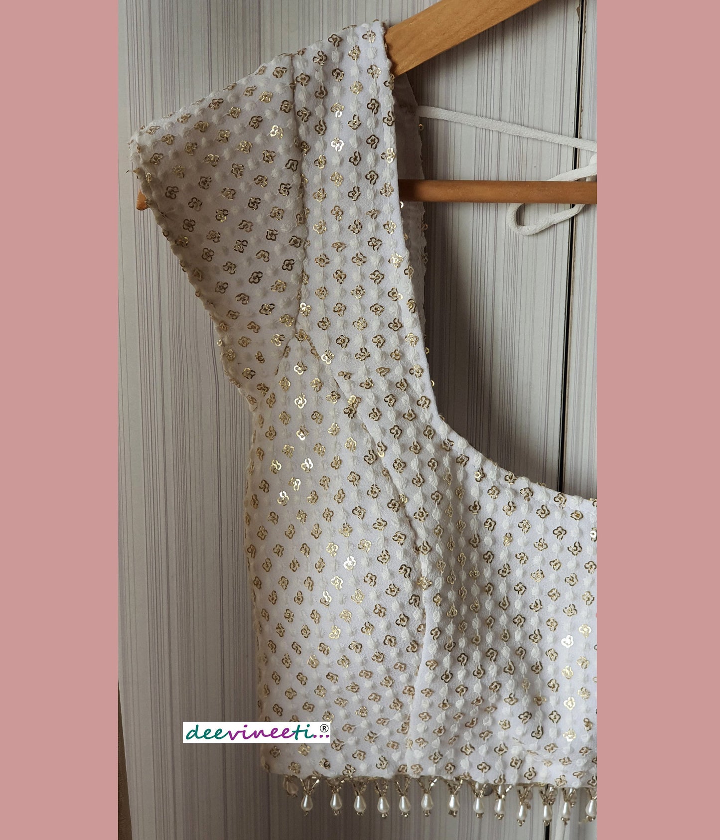 Thread Sequins Embroidered White Cap Sleeves Blouse DVBL_064