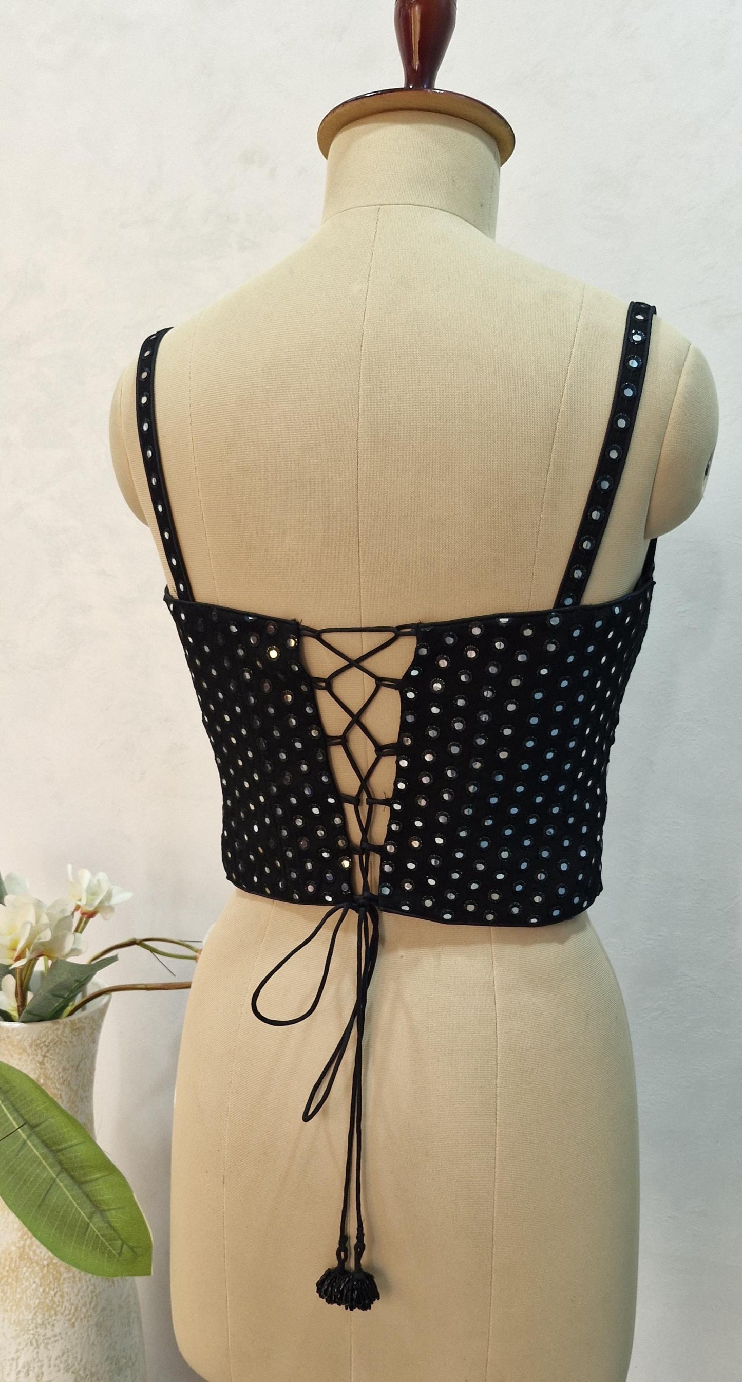 Black Faux Mirror Embroidered Spaghetti Corset Blouse DVCB_007