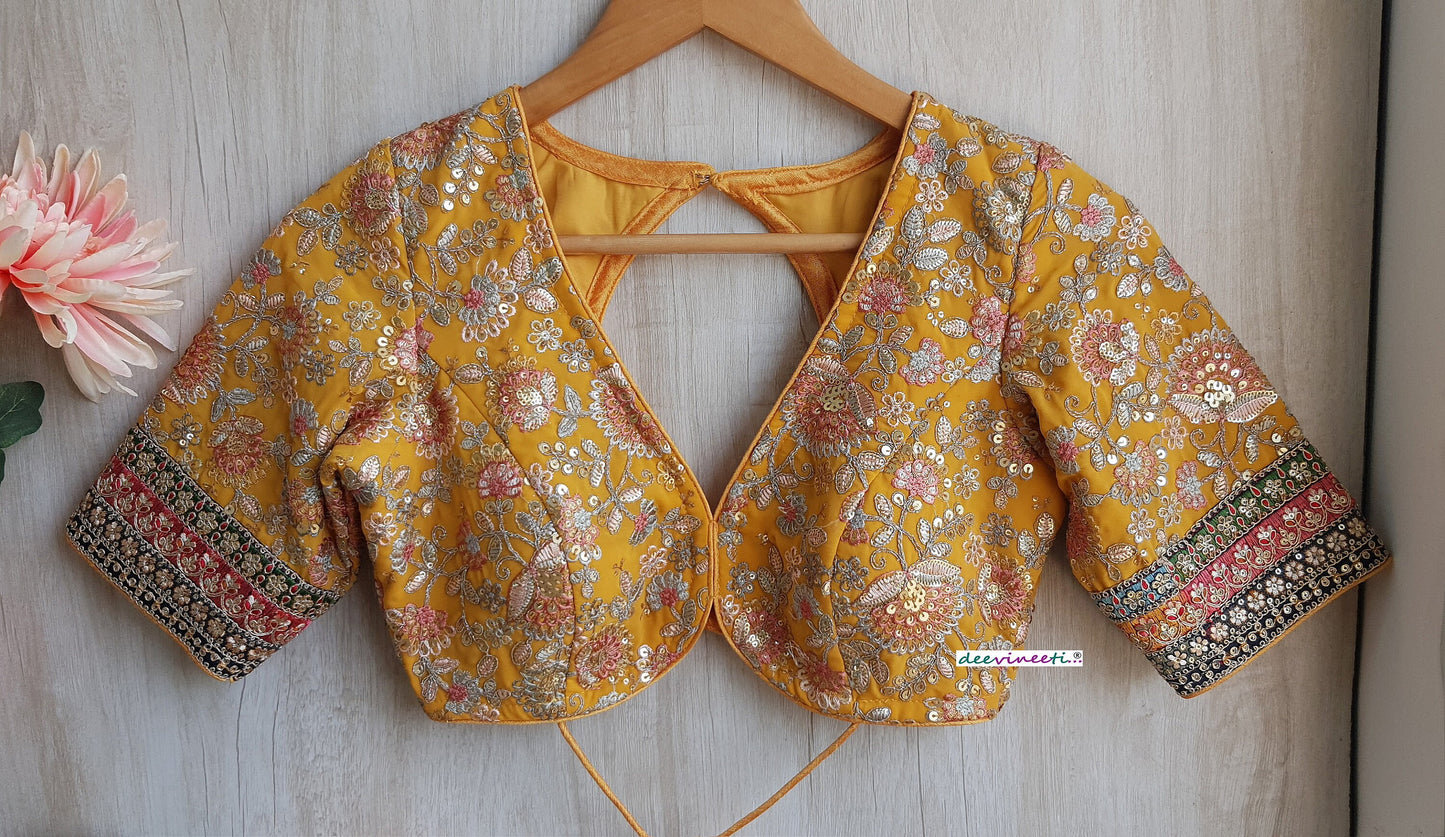 Yellow Embroidered V Neck Elbow Sleeves Blouse DVBL_301