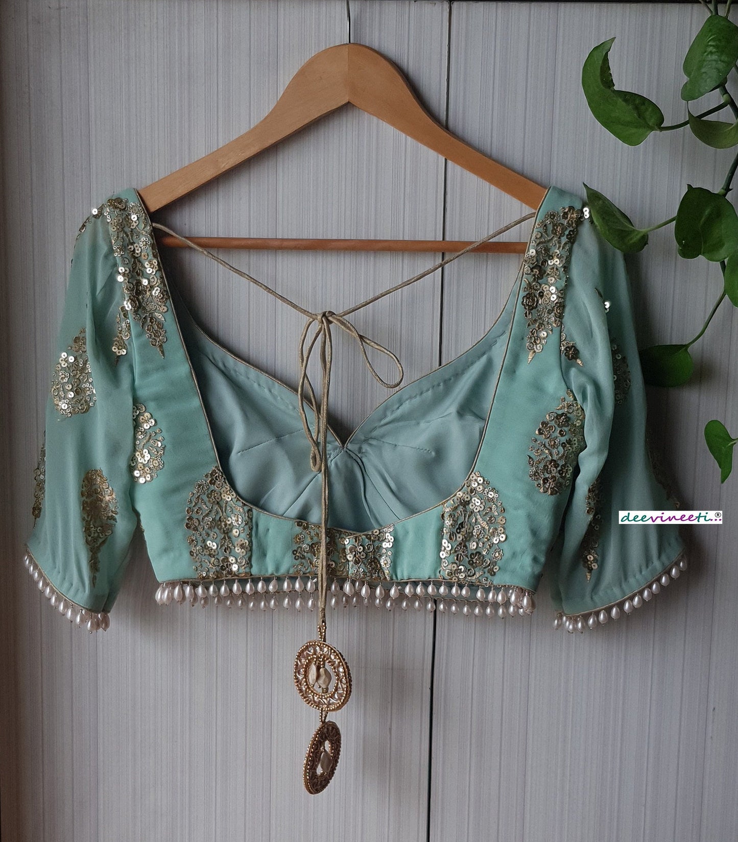 Sea Green Embroidered Sweetheart Neck Blouse DVBL_258