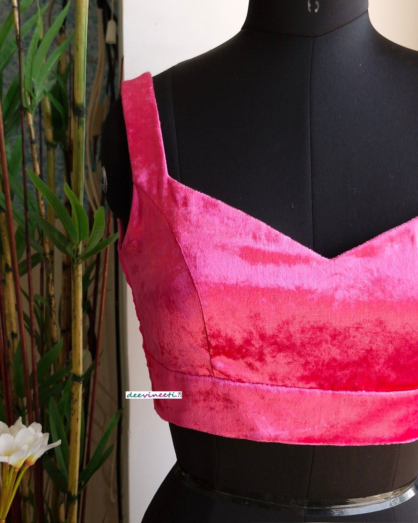 Hot Pink Viscose Velvet Semi Sweetheart Neck Blouse DVBL_334