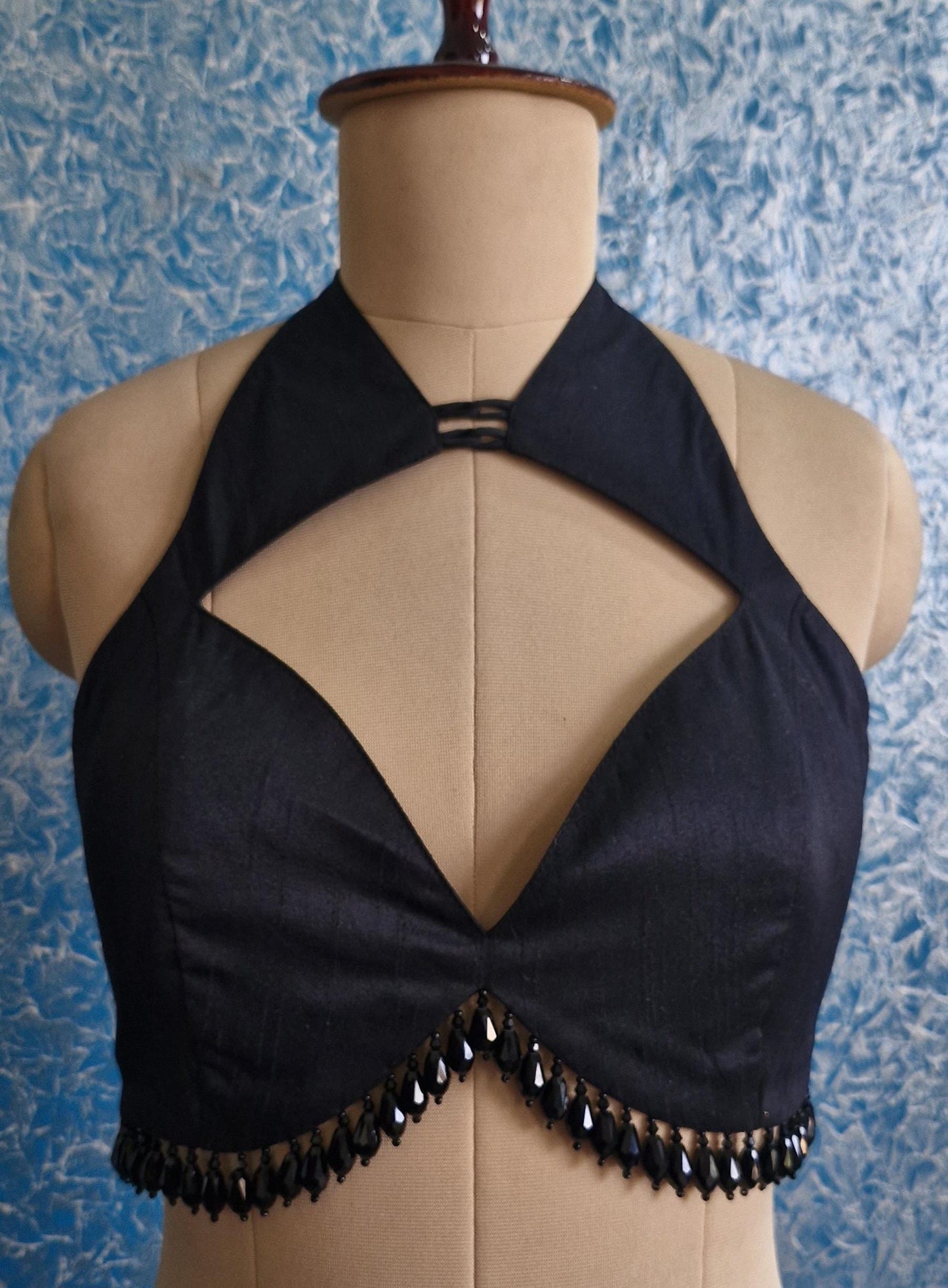 Black Raw Silk Blouse Deep Sweetheart Halter Neck  DVBL_430