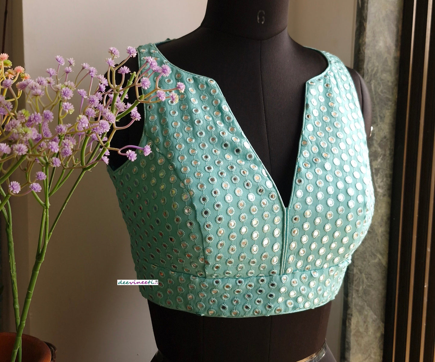 Sea Green Faux Mirror V Neck Blouse DVBL_338