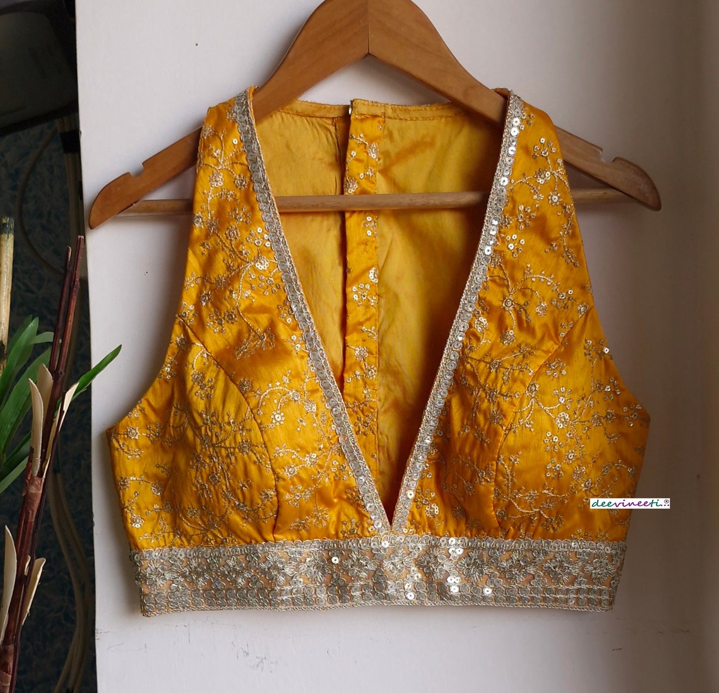 Embroidered Amber Yellow and Gold Plunge Neckline Blouse DVBL_358
