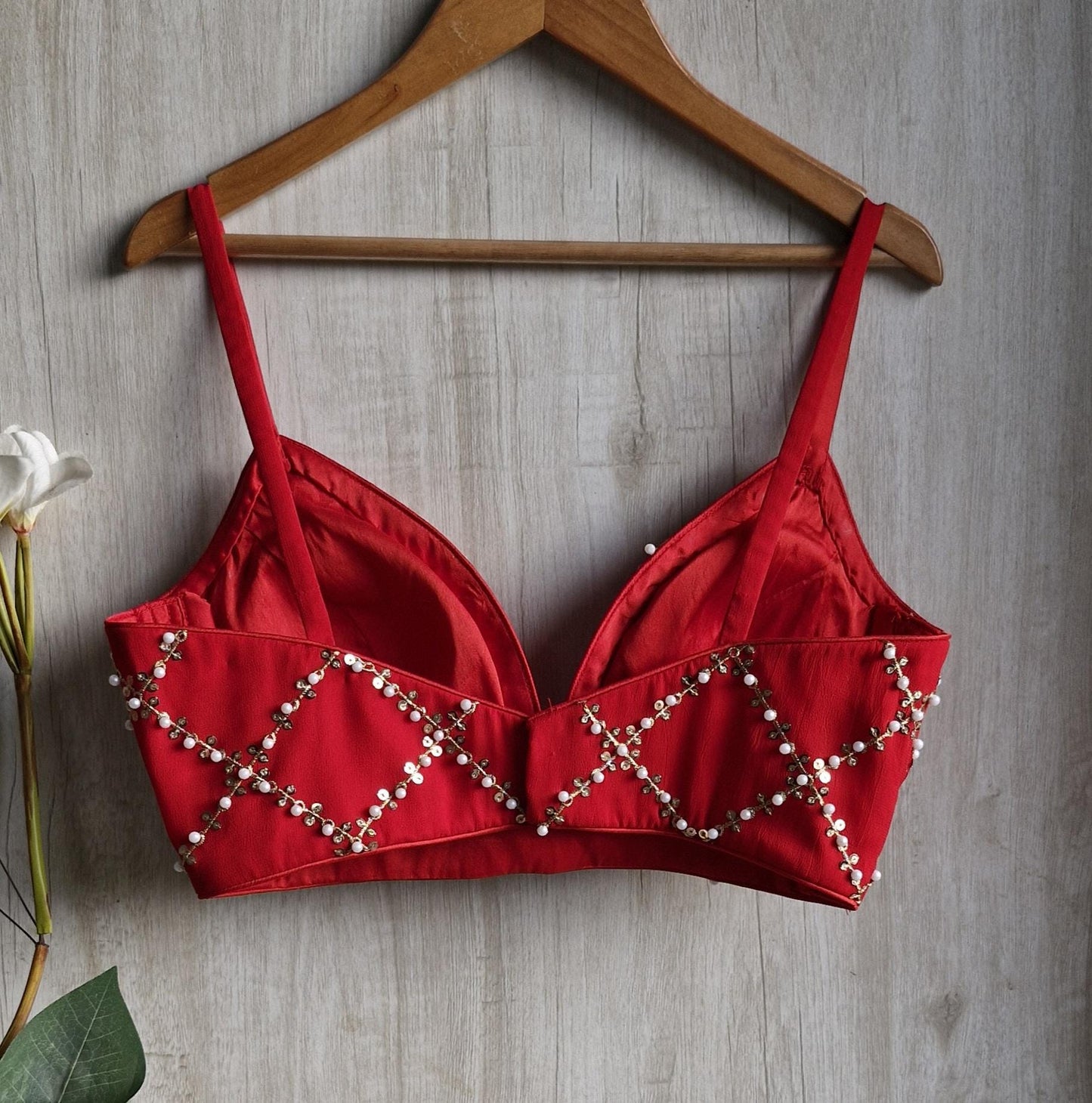 Beads and Sequins Embroidered Red Spaghetti Blouse DVBL_438