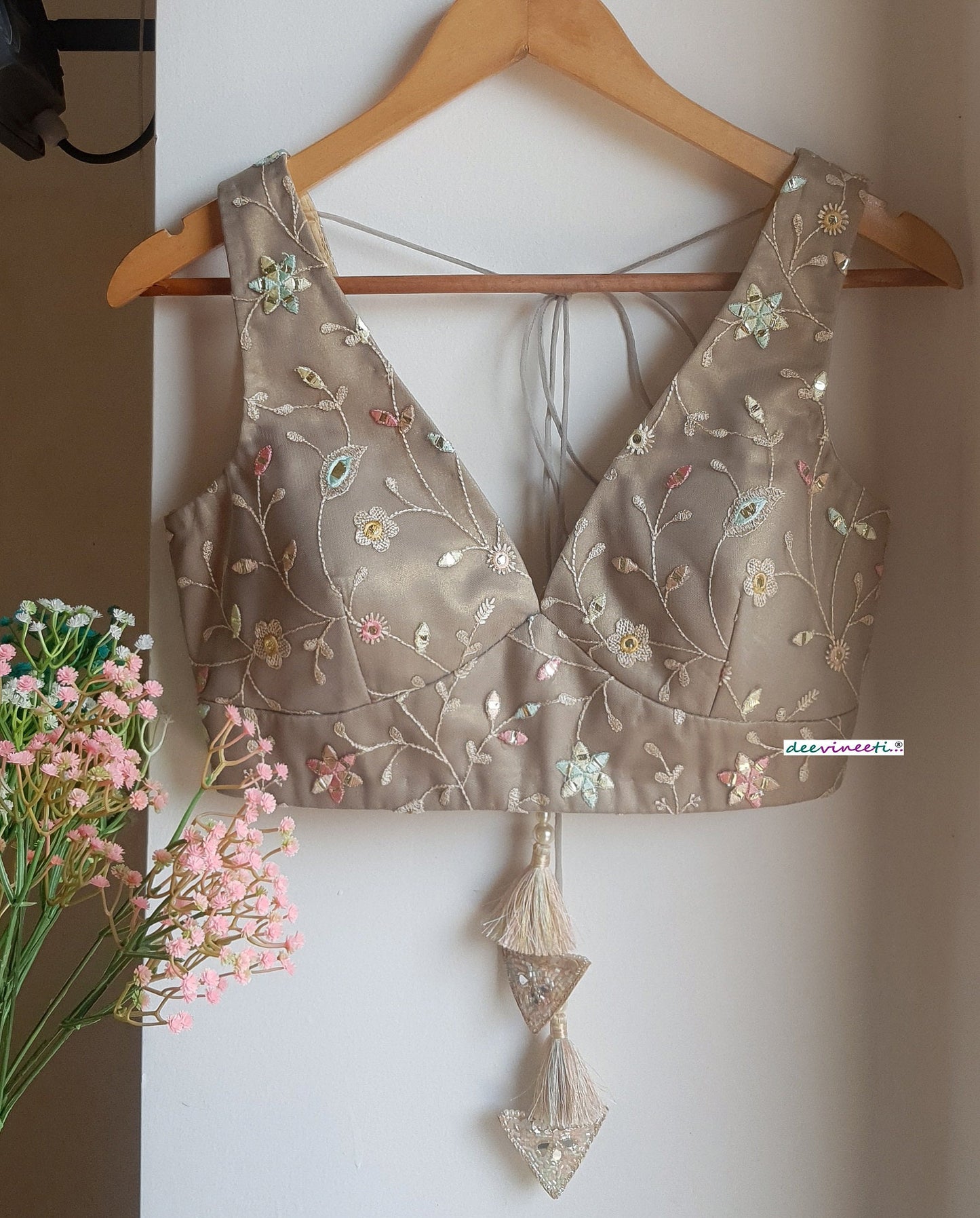 Grey with Gold Tint Embroidered Blouse DVBL_286