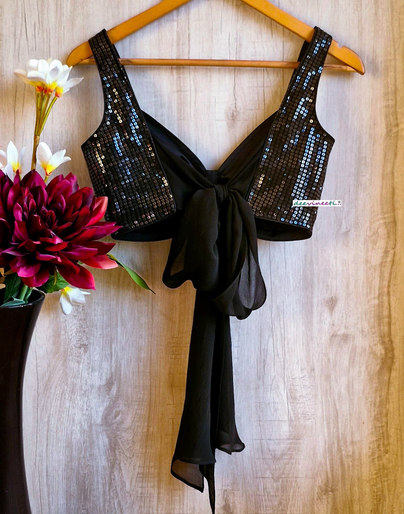 Black Sequins Embroidered Sweetheart Neck Tie Blouse DVBL_341