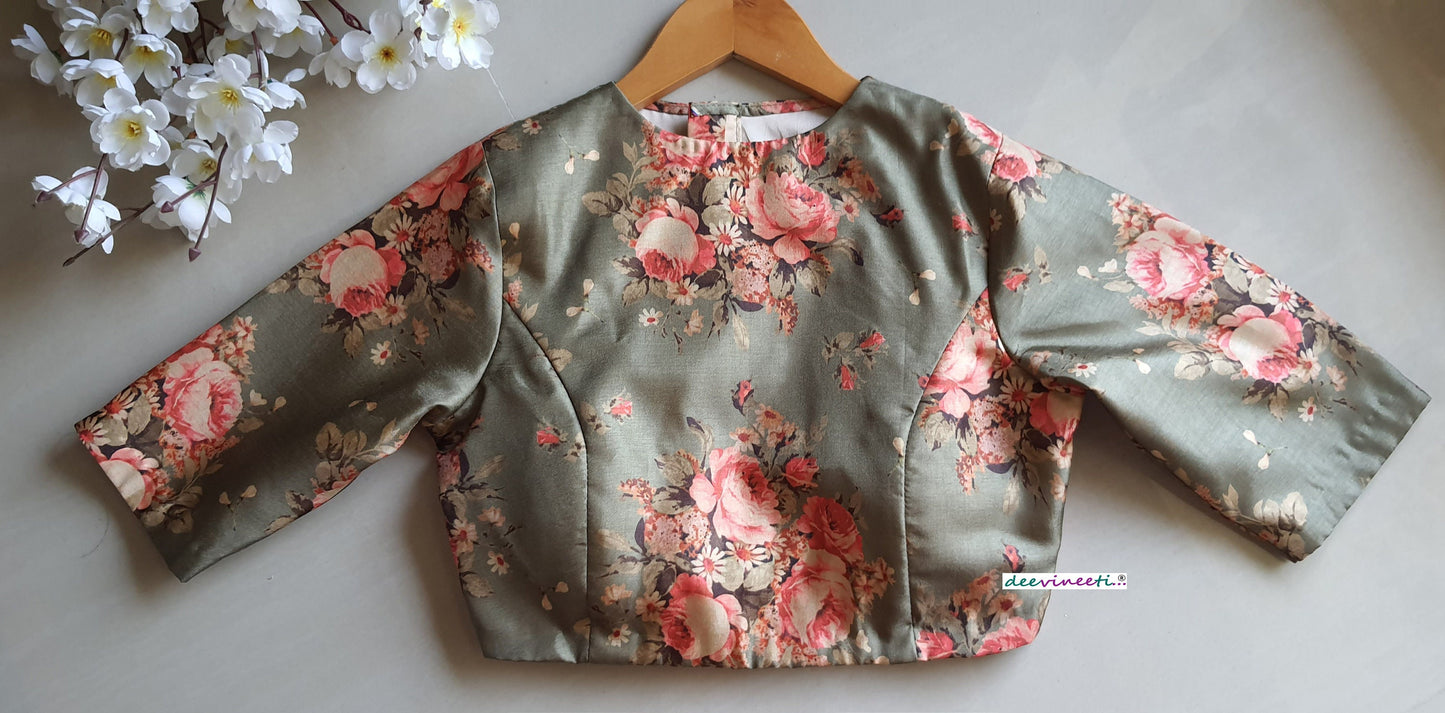 Floral Print Green Khadi Silk Jewel Neck Blouse DVBL_067