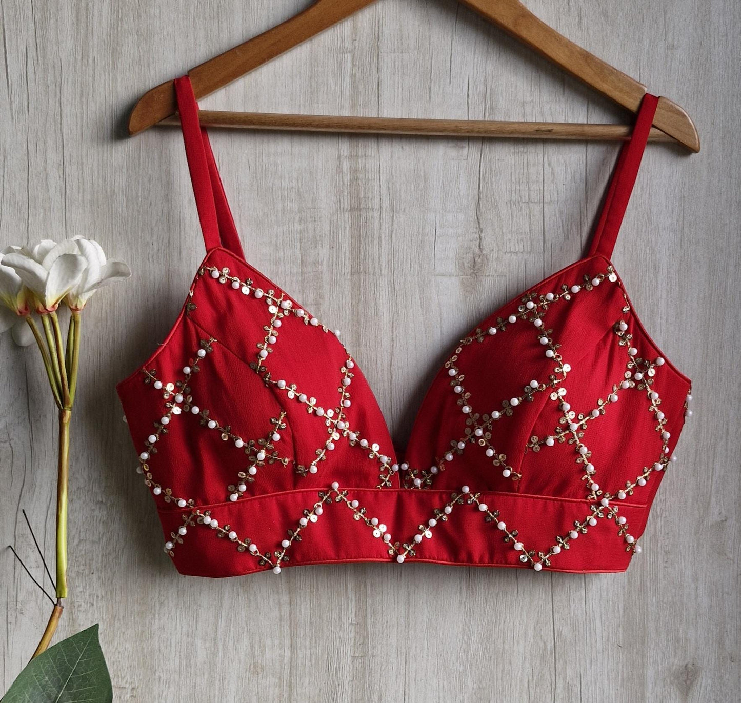 Beads and Sequins Embroidered Red Spaghetti Blouse DVBL_438