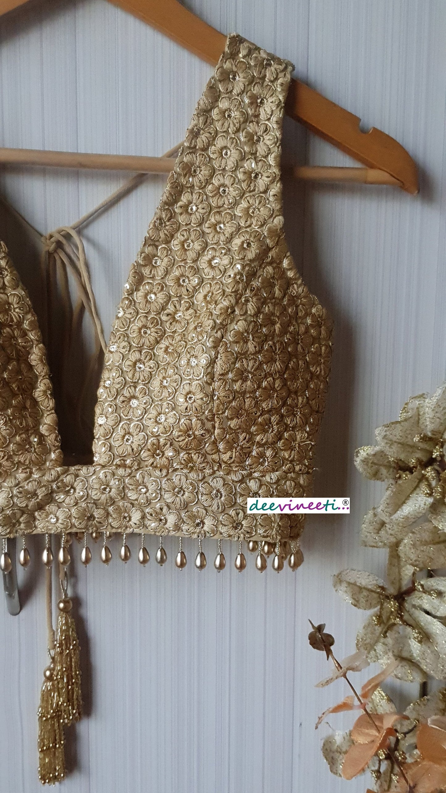 Embroidered Gold Plunge Neckline Blouse DVBL_139