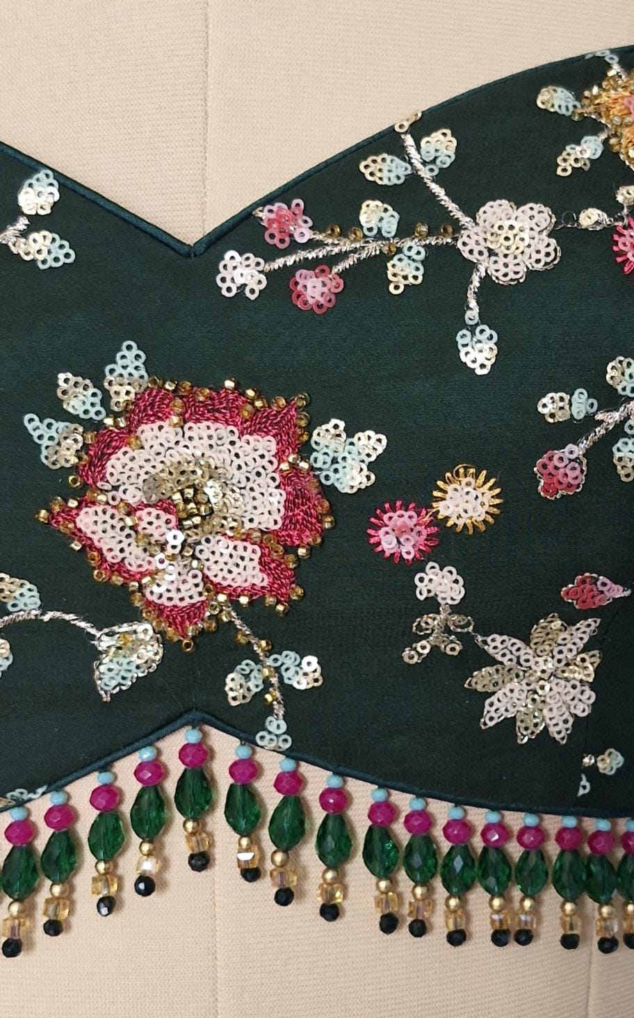 Bottle Green Embroidered Sweetheart Neck Blouse DVBL_441.