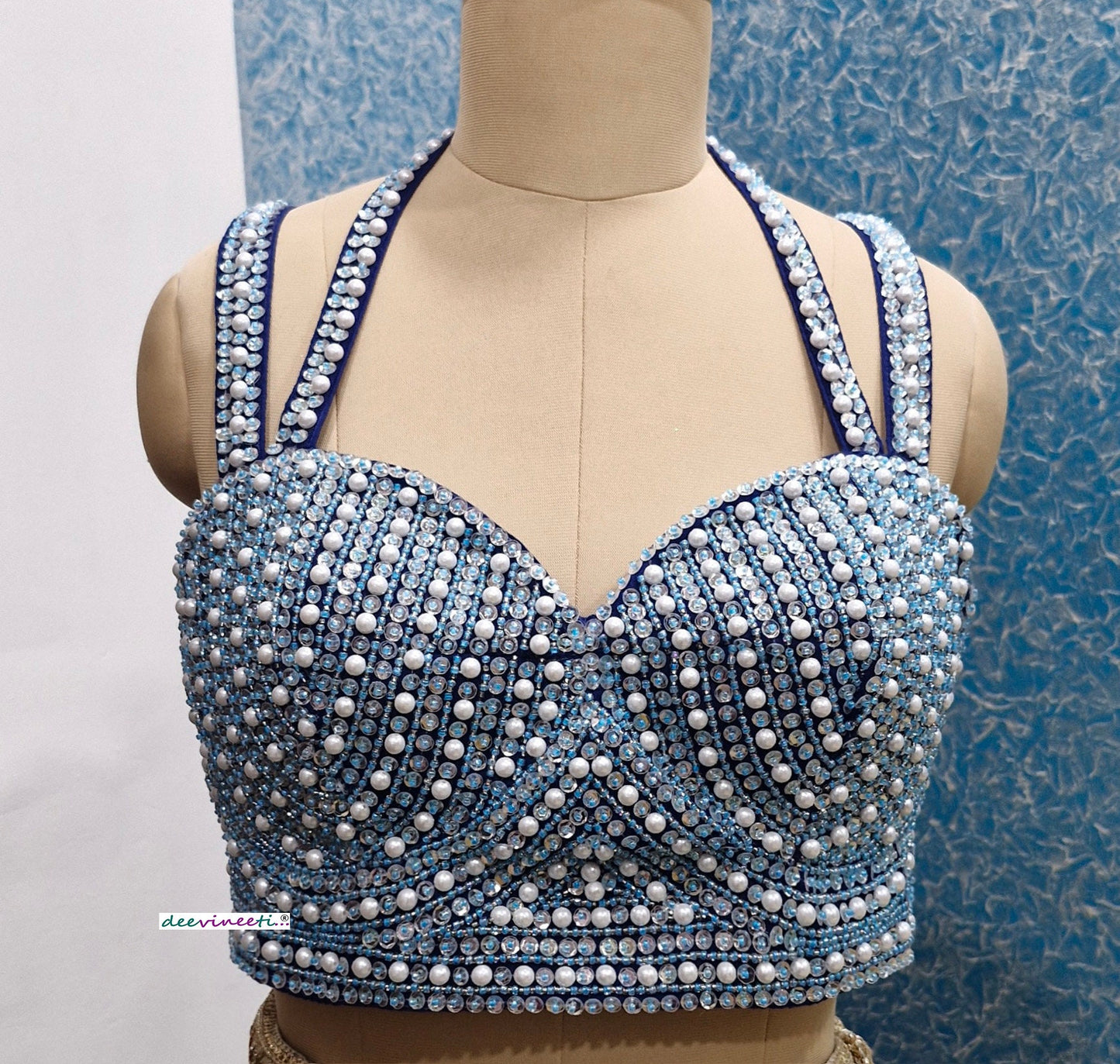 Beads and Sequins Hand Embroidered Blue Bustier Blouse DVBL_354