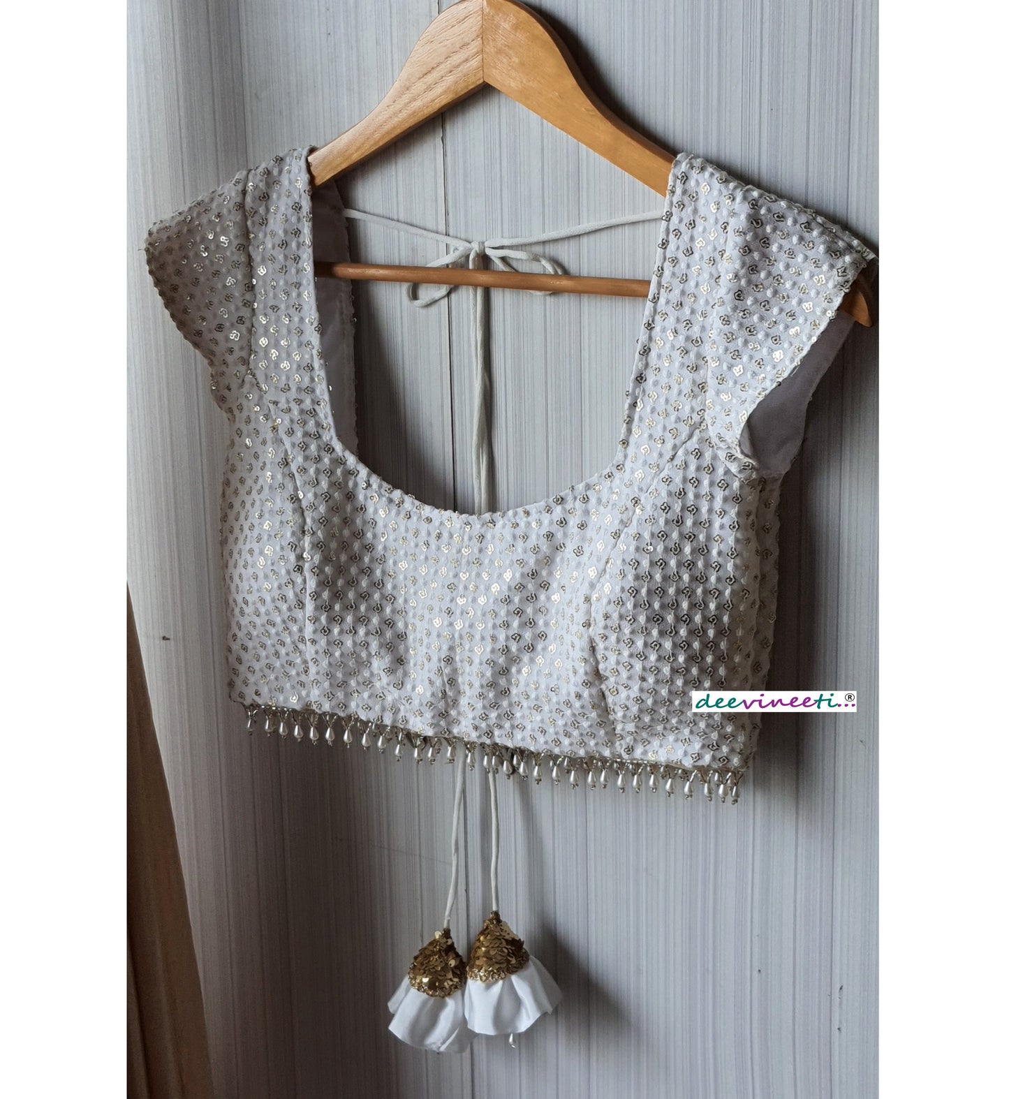 Thread Sequins Embroidered White Cap Sleeves Blouse DVBL_064