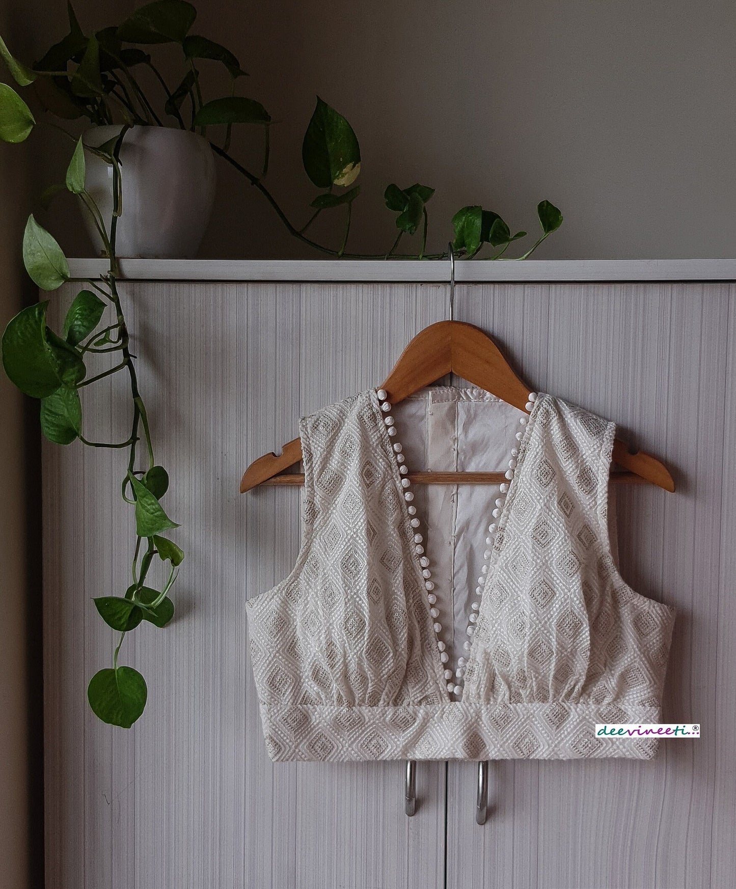Ivory Chikankari Plunge Neckline Blouse DVBL_249
