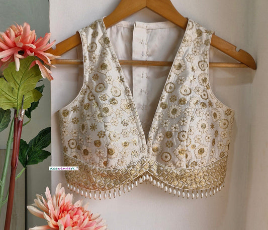 Off-White Embroidered Silk V Neck Blouse DVBL_313