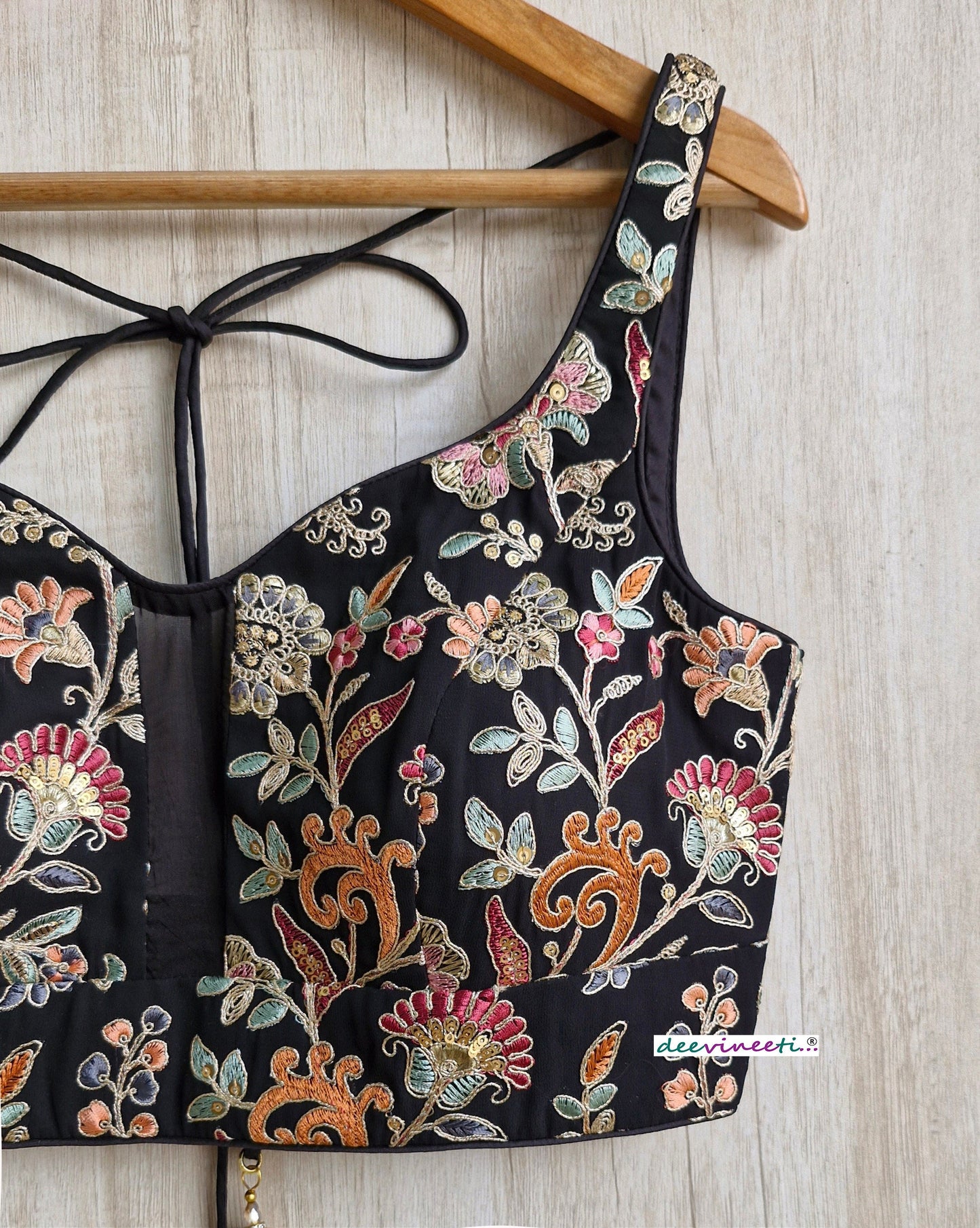 Black Embroidered  Sweetheart Neck Blouse DVBL_314