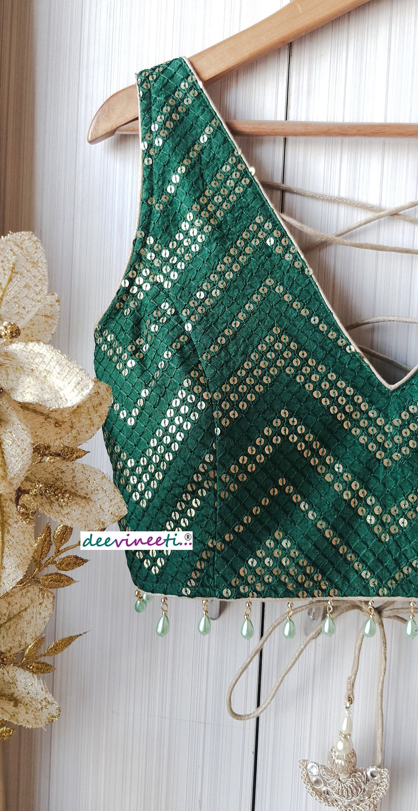 Green Sequins Chevron  Embroidered Silk Blouse  DVBL_152