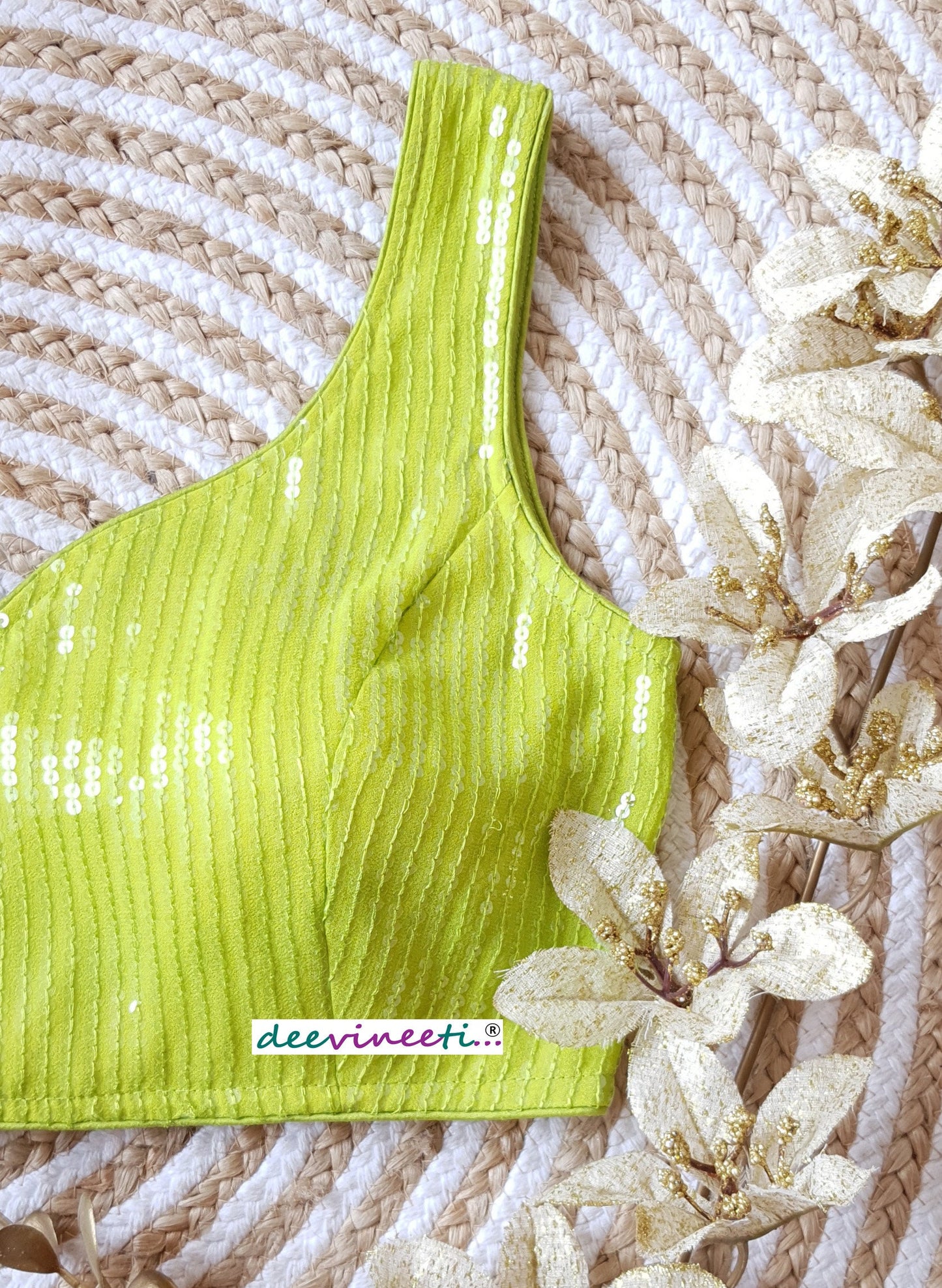Lime Green Sequins Embroidered Sweetheart Neck Blouse DVBL_133