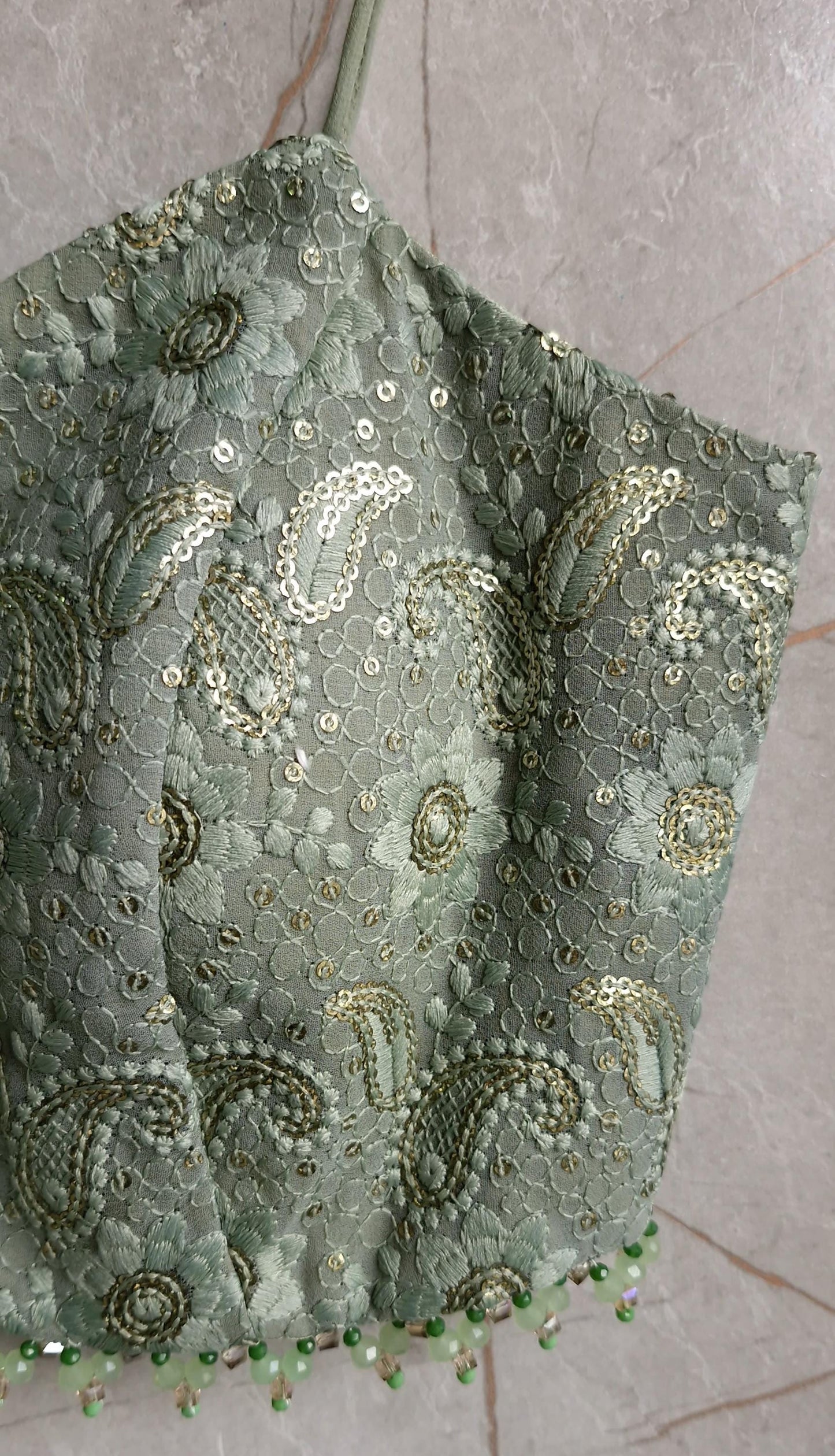 Moss Green Embroidered Georgette V Neck Spaghetti Blouse DVBL_440