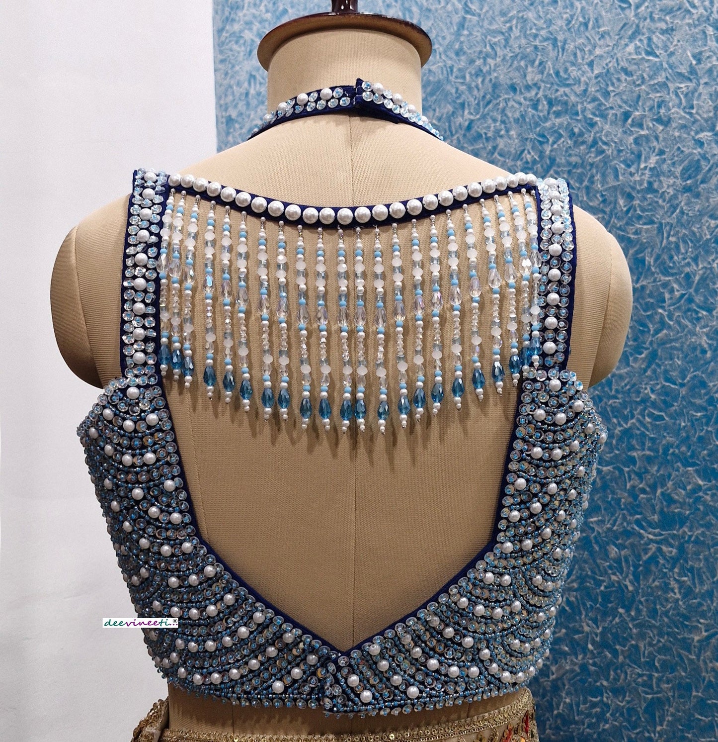 Beads and Sequins Hand Embroidered Blue Bustier Blouse DVBL_354