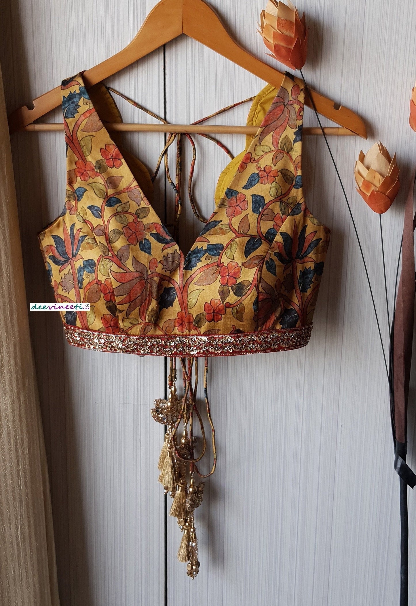 Medallion Yellow Printed  Scallop Neck Blouse DVBL_241