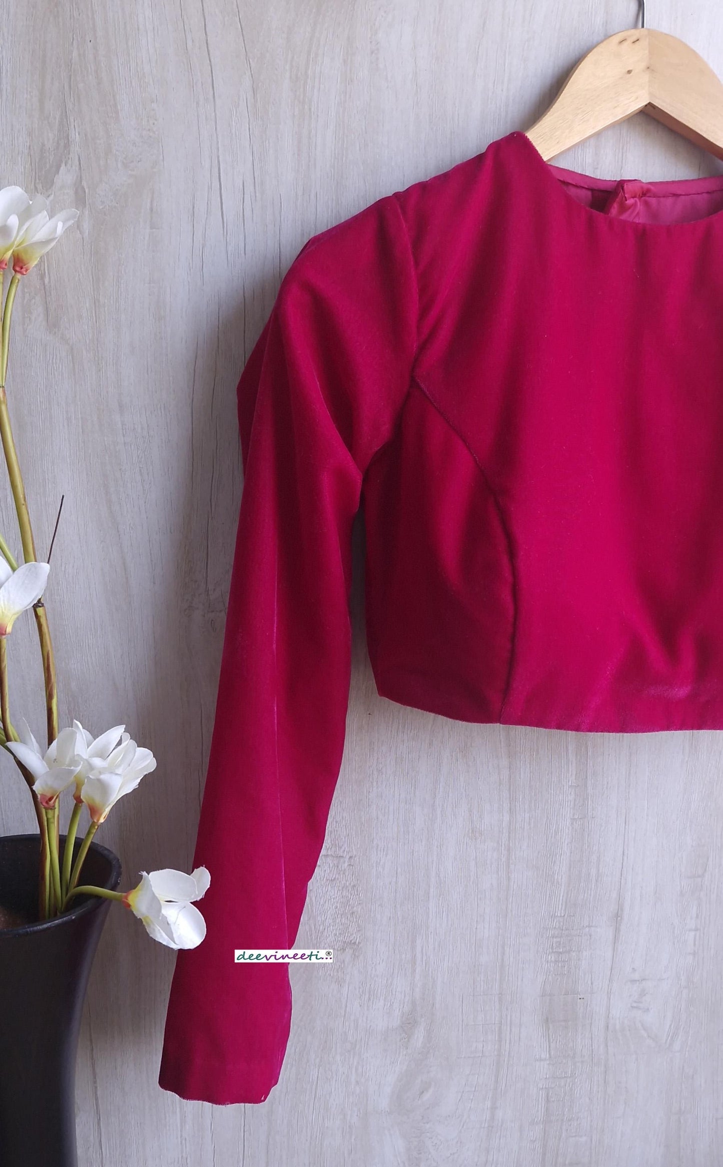 Bright Pink Velvet Jewel Neck Blouse DVBL_393