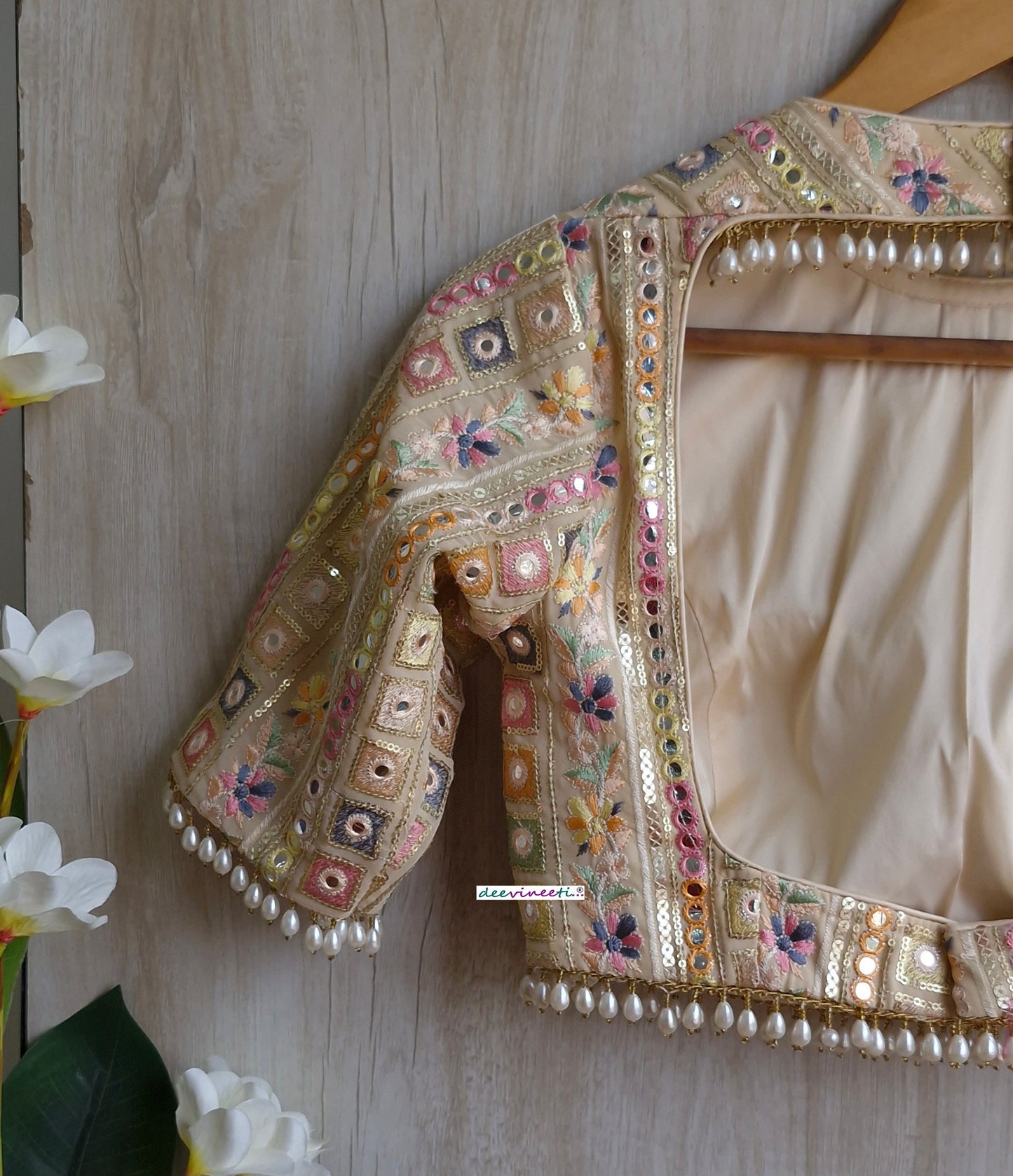 Beige Embroidered Georgette Jewel Neck Blouse DVBL_309