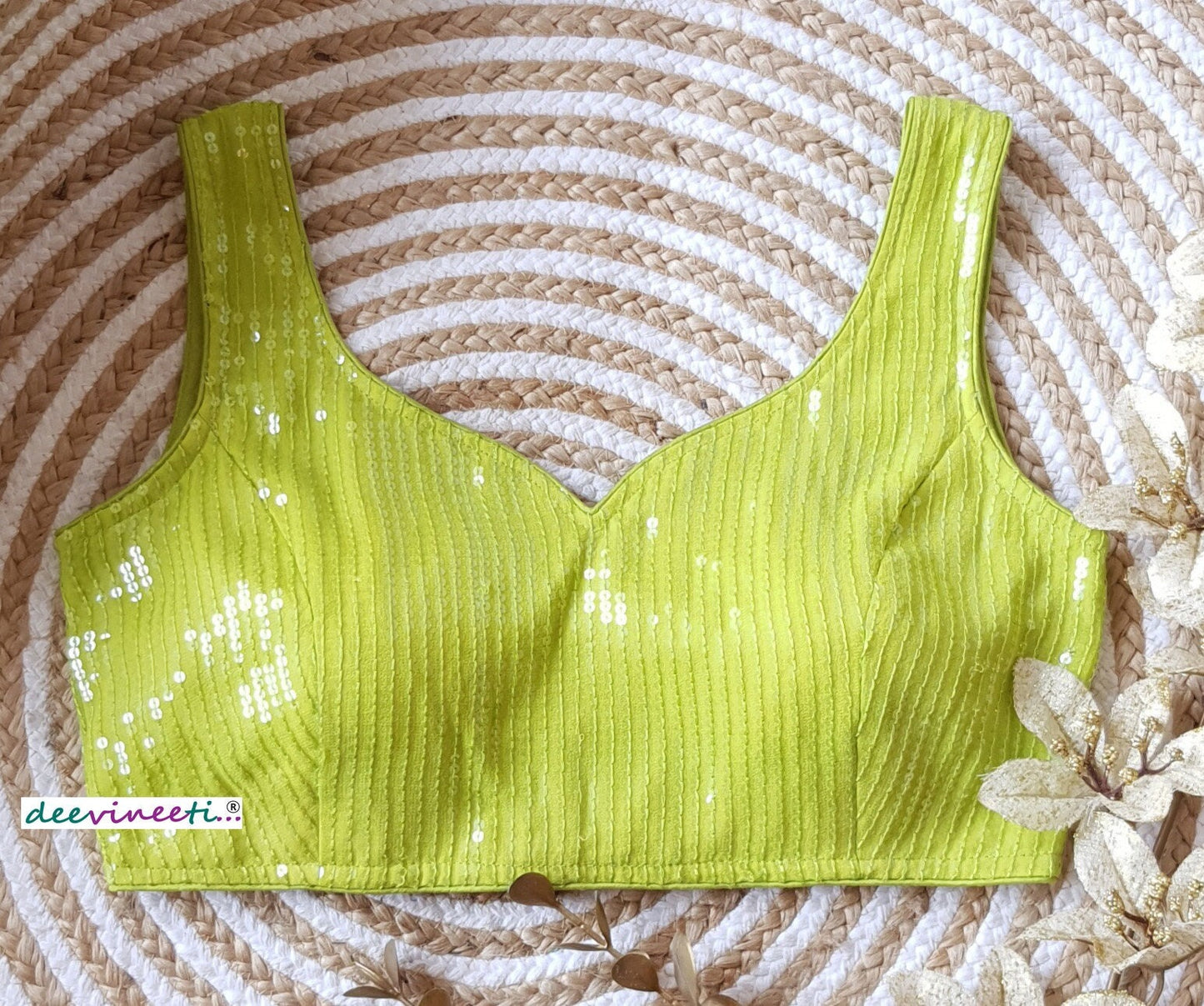 Lime Green Sequins Embroidered Sweetheart Neck Blouse DVBL_133
