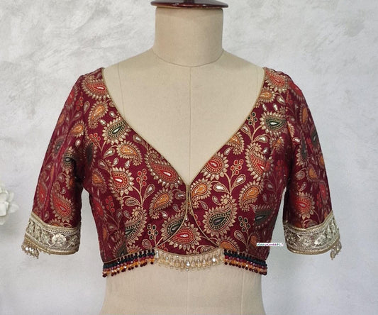 Maroon Brocade Deep Sweetheart Neck Half Sleeves Blouse DVBL_403