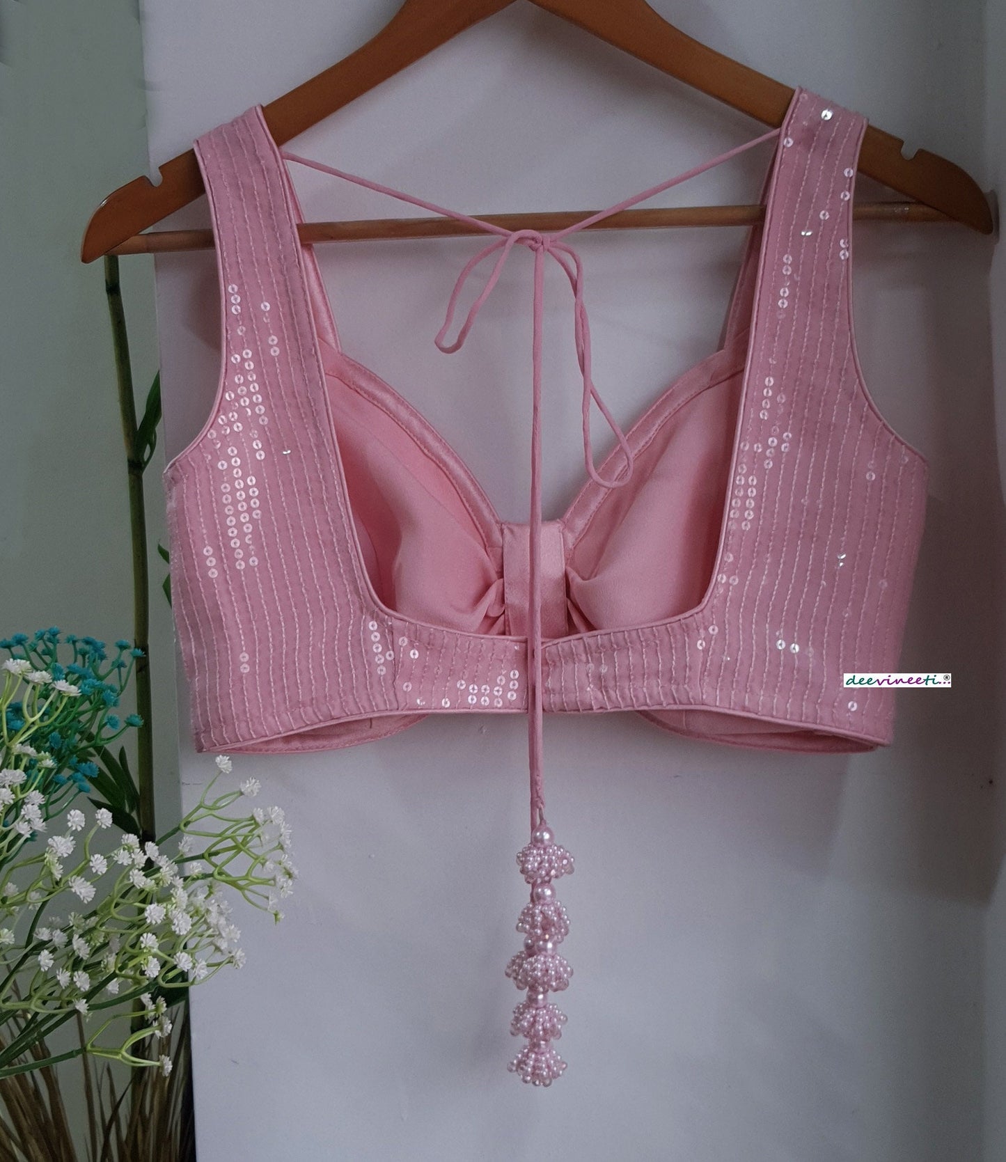 Sequins Embroidered  Pink  Sweetheart Neck Blouse DVBL_288
