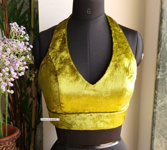 Olive Green Viscose Velvet Halter Neck Blouse DVBL_333