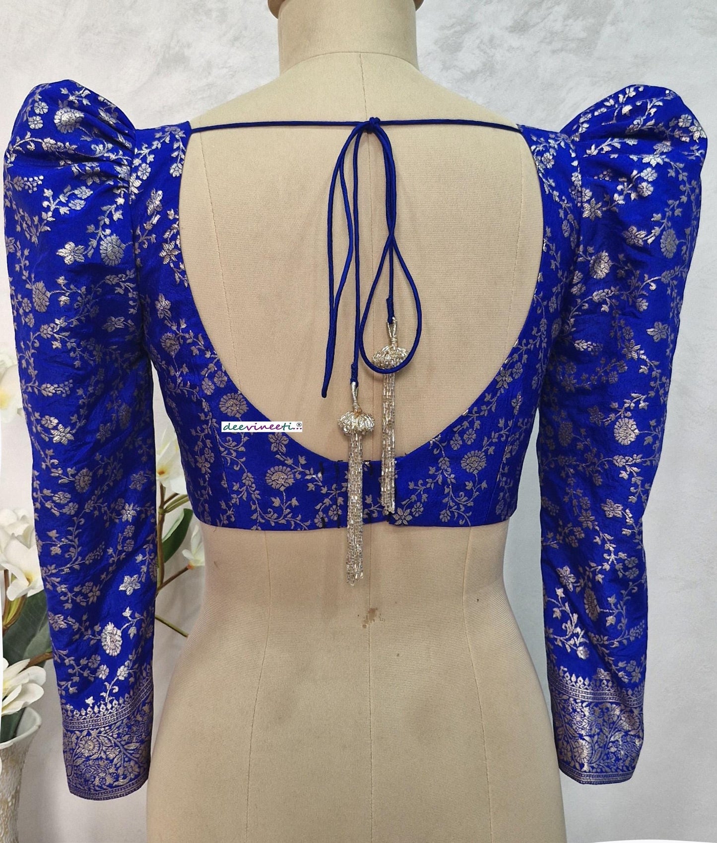 Royal Blue Banarasi Brocade Blouse Full Length Puff Sleeves V Neck DVBL_397