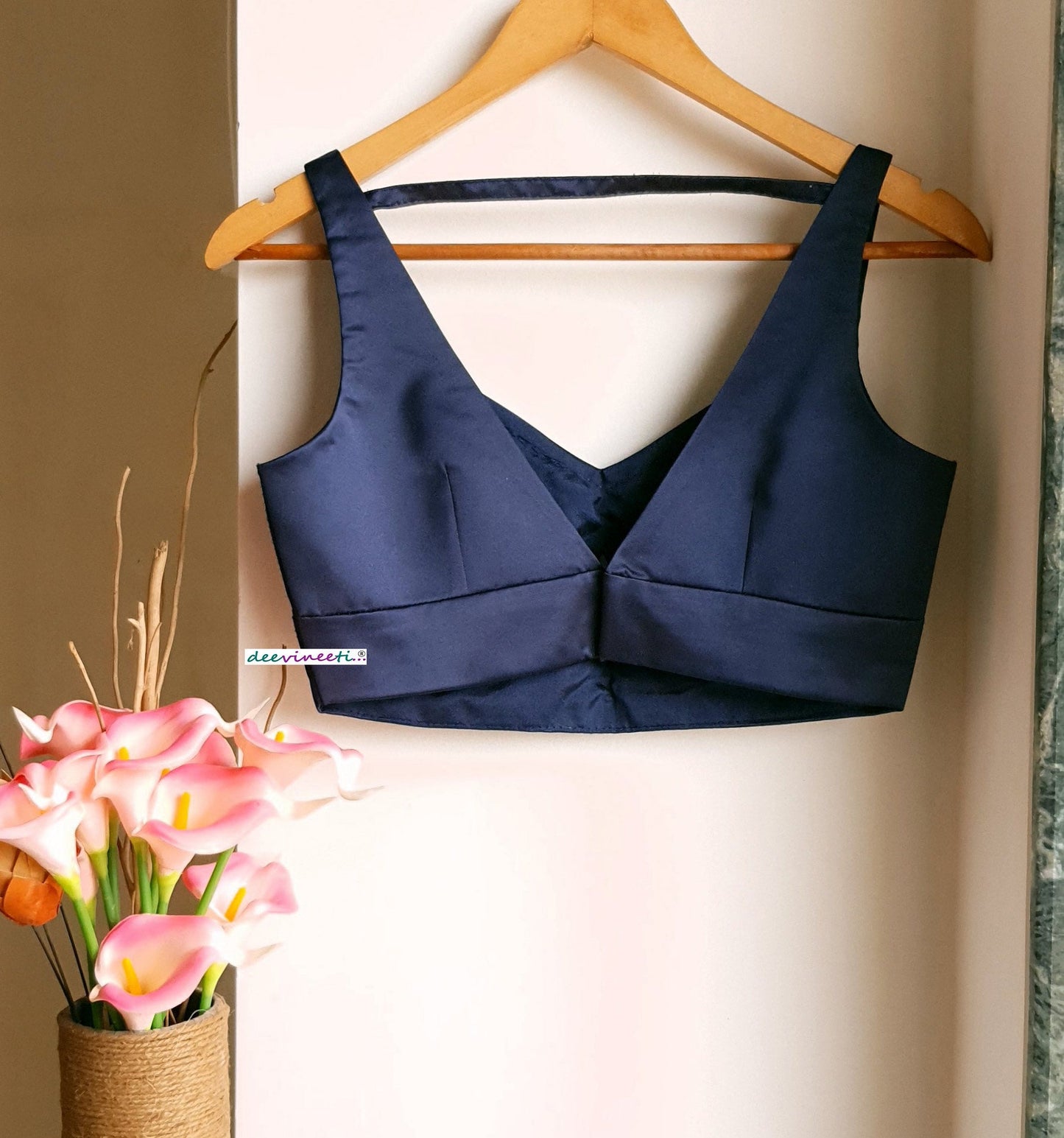 Navy Blue Satin Blouse Deep V Neck Sleeveless DVBL_270
