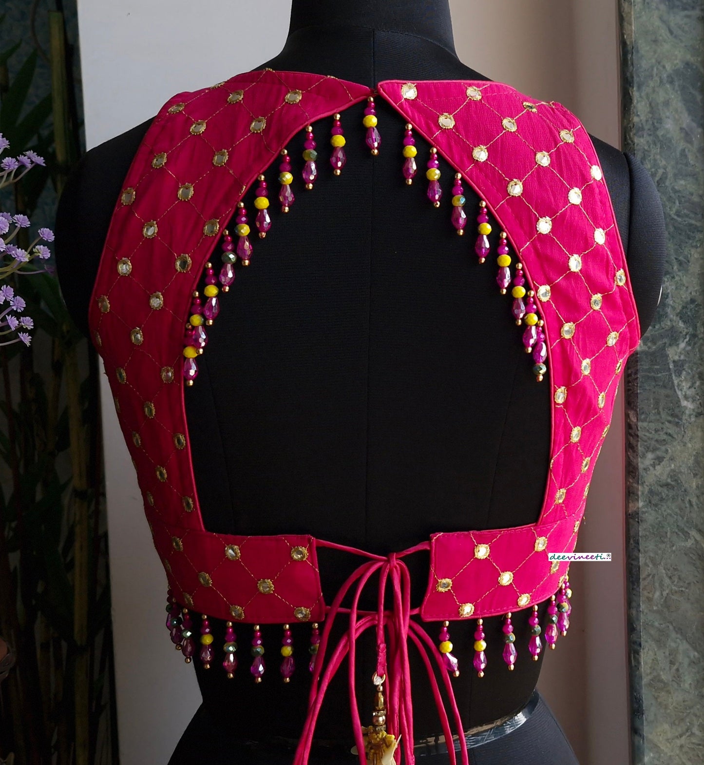 Hot Pink Embroidered Backless Blouse DVBL_336