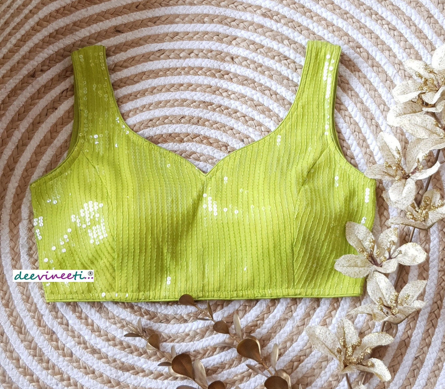 Lime Green Sequins Embroidered Sweetheart Neck Blouse DVBL_133