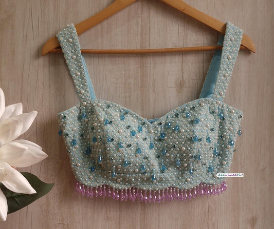 Blue Embroidered Sweetheart Neck Blouse DVBL_372
