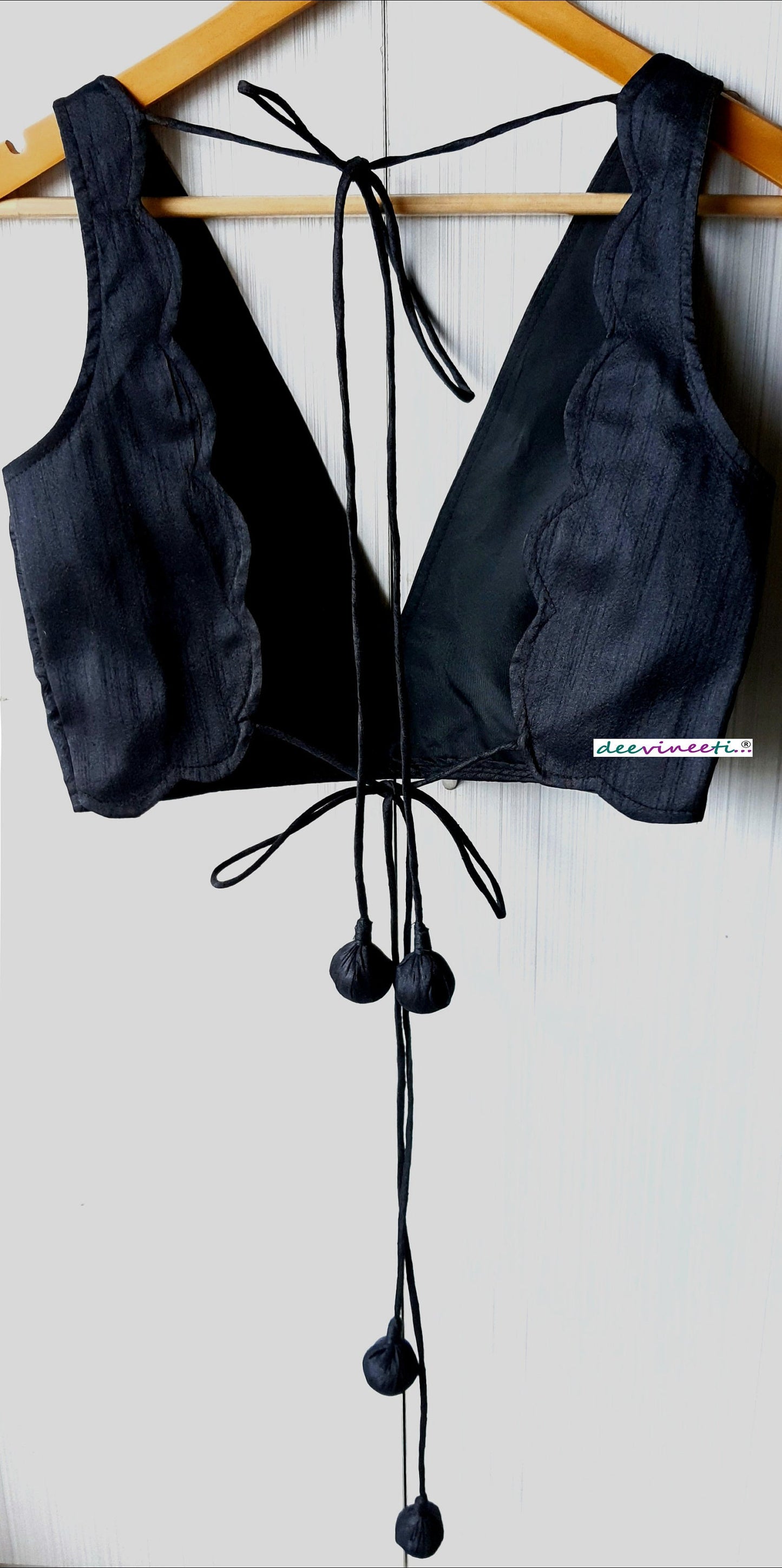 Raw Silk Deep V Neck Solid Blouse with Scallop Back DVBL_063