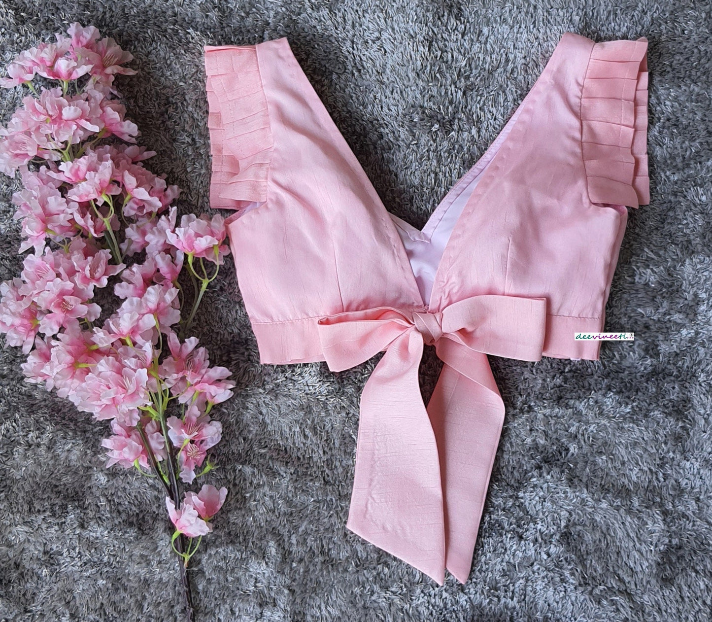 Pink Tussar Silk V Neck Pleated Sleeves Blouse  DVBL_220