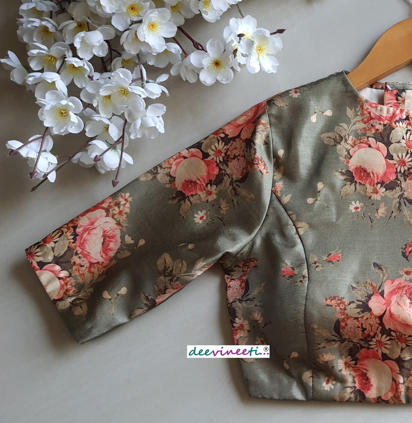 Floral Print Green Khadi Silk Jewel Neck Blouse DVBL_067
