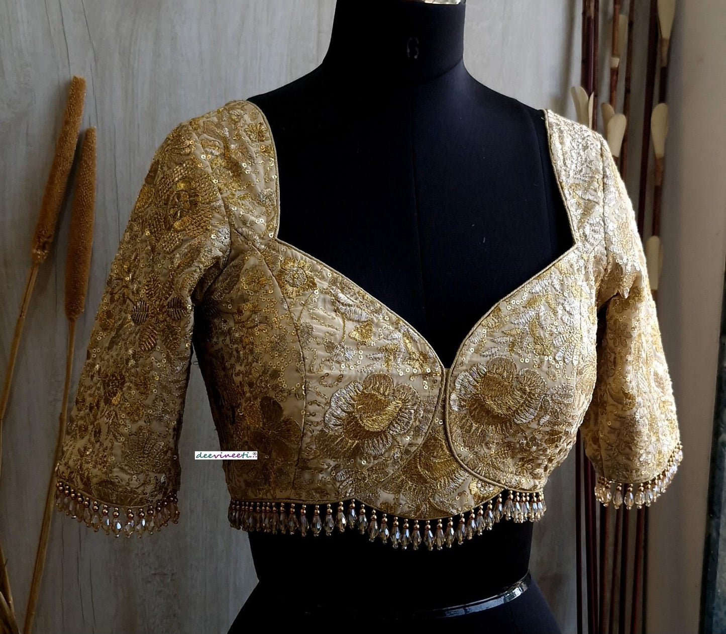Beige Gold Embroidered Deep Sweetheart Neck Blouse DVBL_380.
