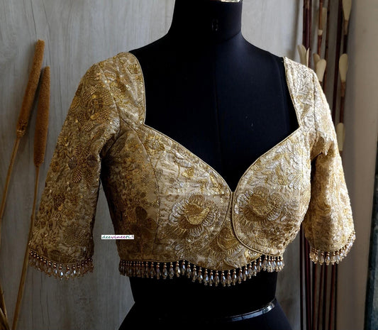 Beige Gold Embroidered Deep Sweetheart Neck Blouse DVBL_380.