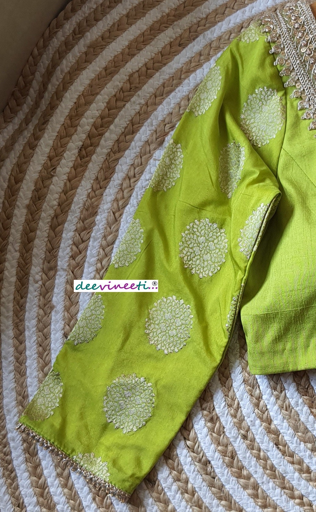 Lime Green Raw Silk Three Fourth Sleeves Blouse DVBL_134