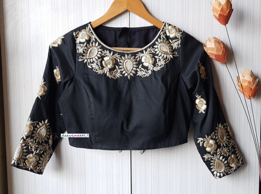 Black Silk Hand Embroidered 3/4th Sleeves Blouse DVBL_236