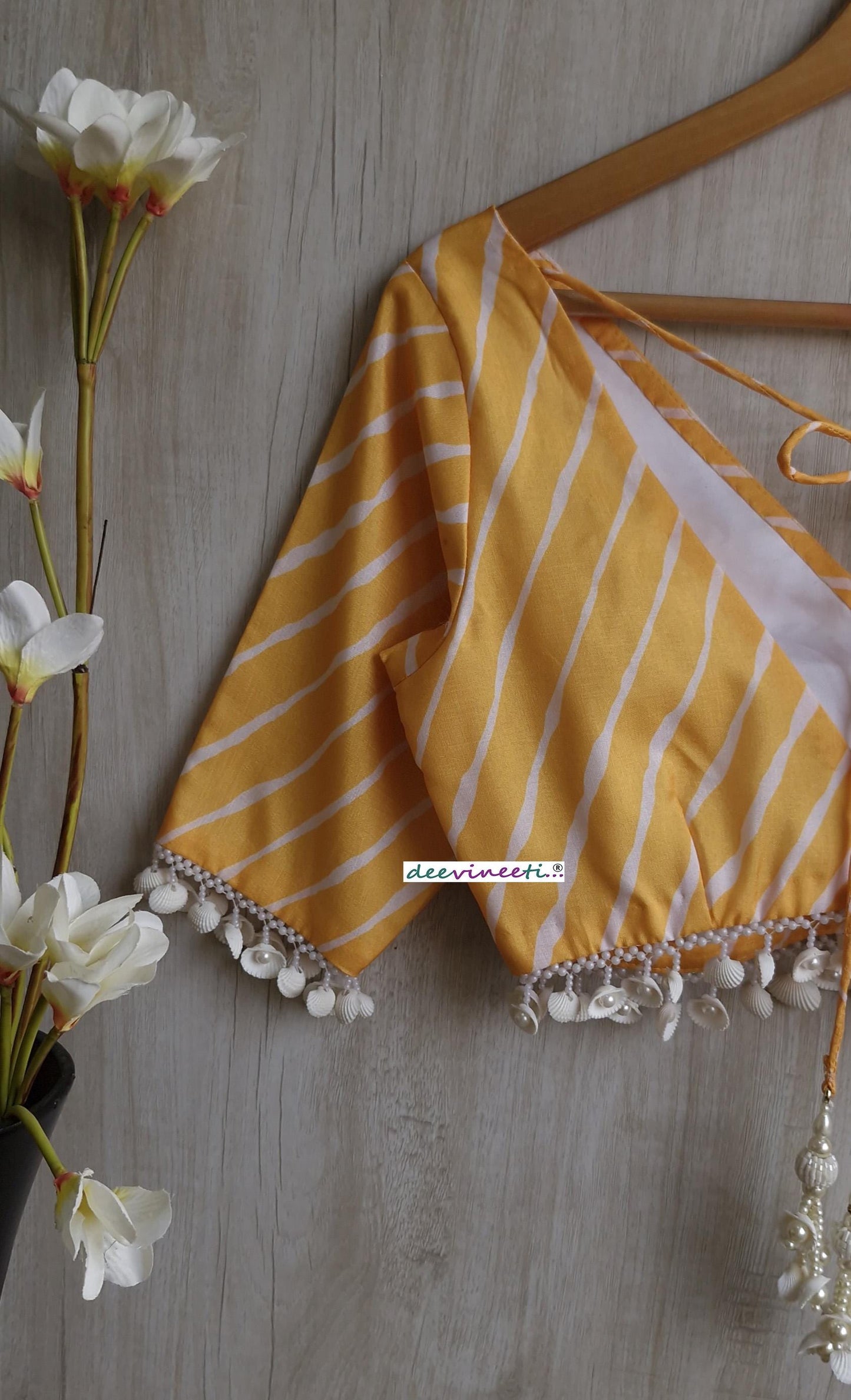 Yellow Leheriya Print Silk V Neck Blouse DVBL_392