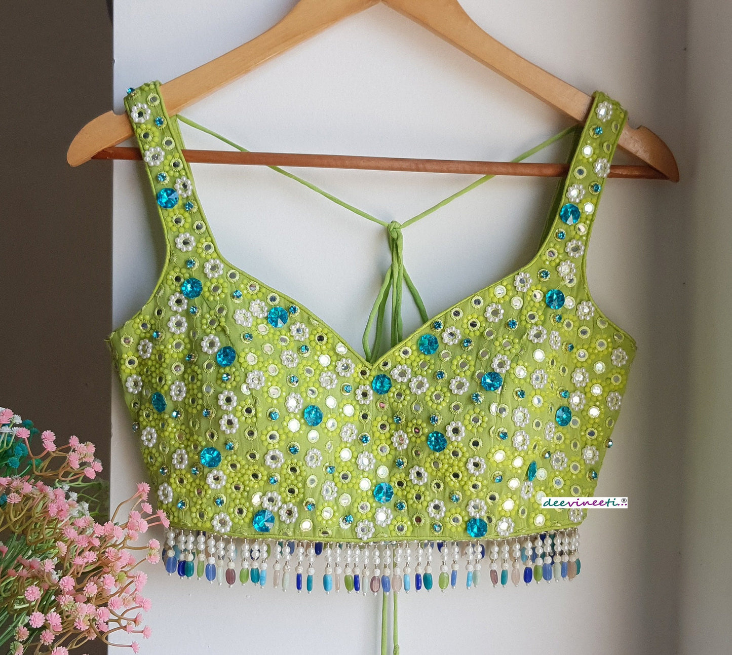 Hand Embroidered Lime Green Deep Sweetheart Neck Blouse  DVBL_287