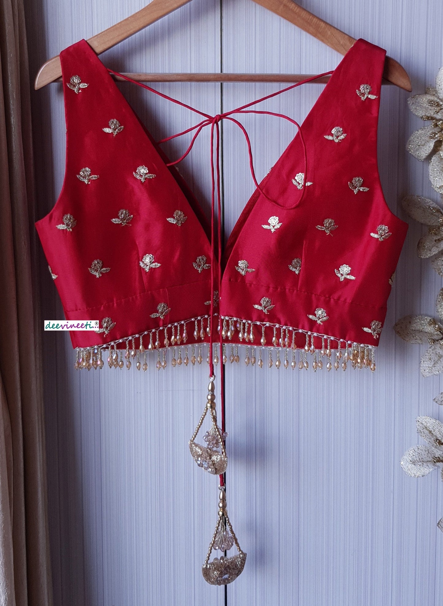 Red Embroidered Upada Silk Deep V Neck Blouse DVBL_170