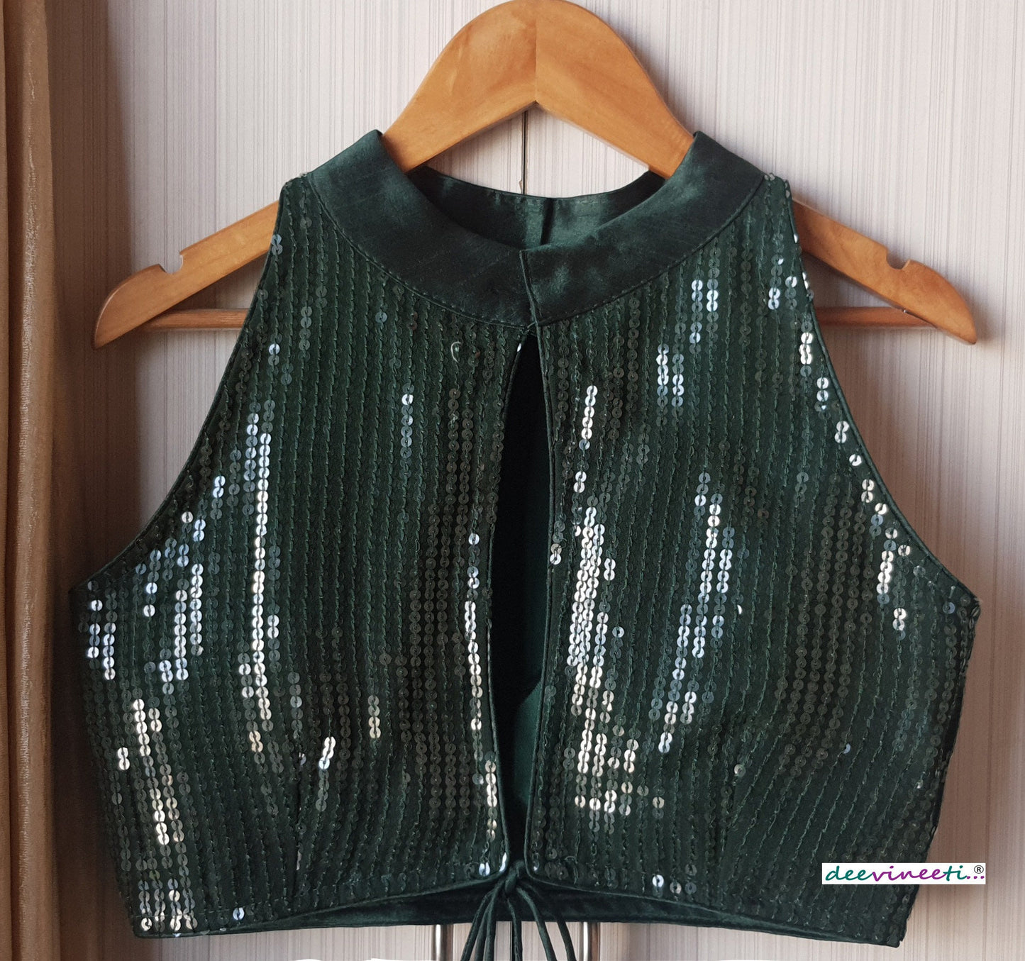 Designer Dark Green Sequins Georgette Blouse High Collar DVBL_149